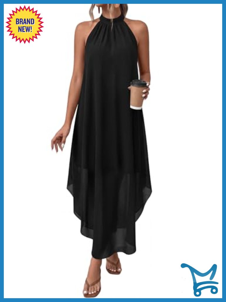 Halter Neck Maxi Dress With Button Back - Asymmetrical Hem